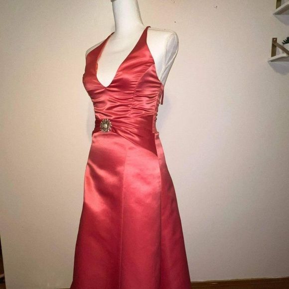 Jessica McClintock for Gunne Sax Coral Pink Halter Gown Dress Size 3/4 - Picture 4 of 14